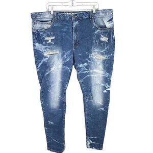 Mens Grindhouse Distressed Acid Wash Blue Denim Jeans Ripped Style Size 44X30